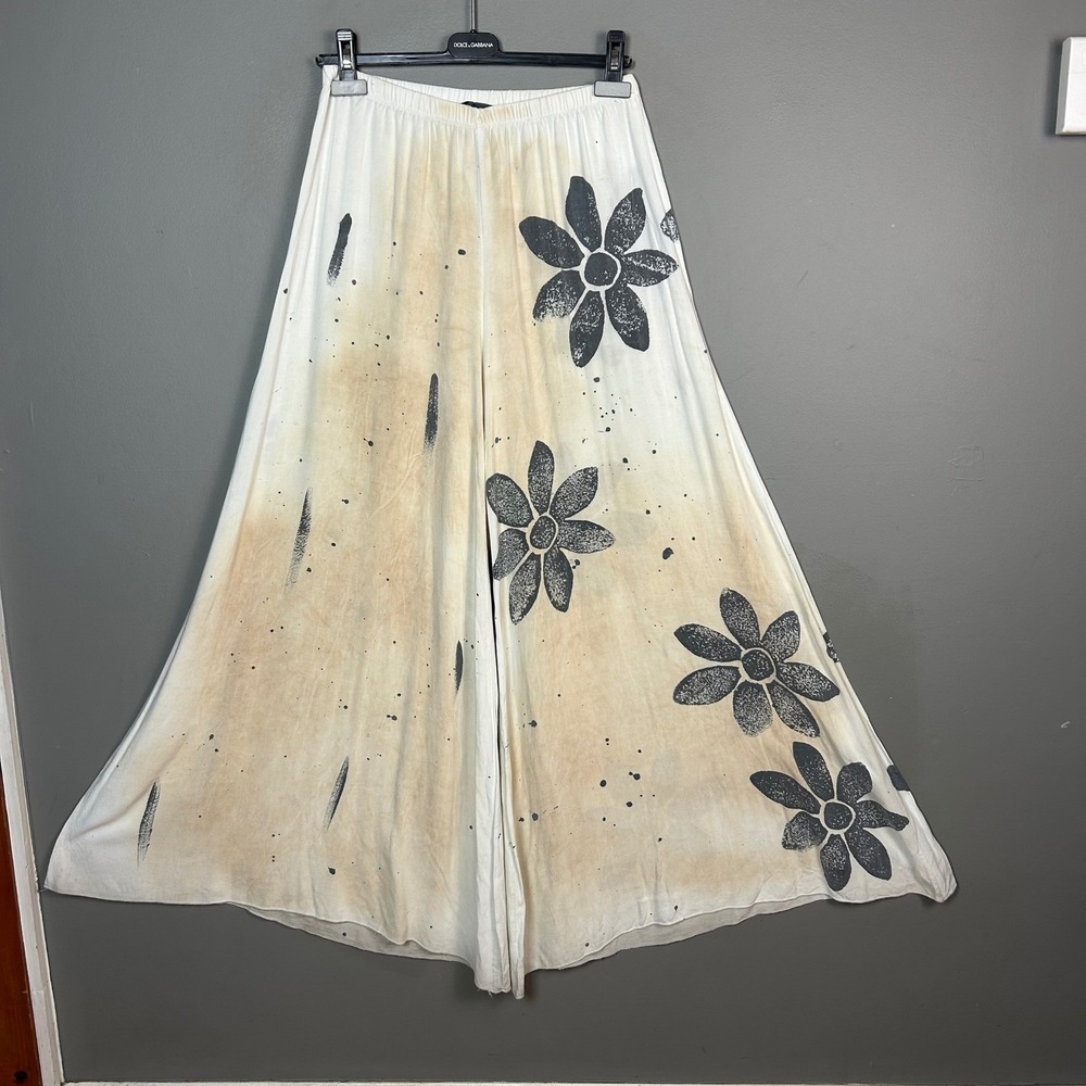 Y2K T-Party Super Wide Yoga Pants Womens Medium Palazzo Cream Floral Tie Dye